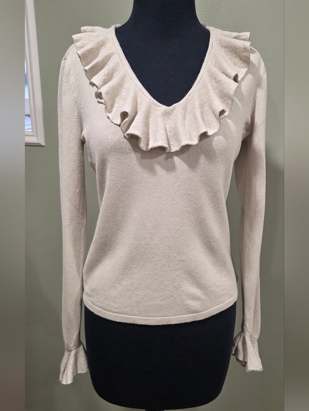 Women's Cream Ruffle V-Neck Sweater